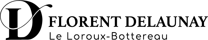 Logo du domaine Florent Delaunay, avec son "D" typographique caractéristique, noir sur fond transparent, en long. D, Florent Delaunay, Le Loroux-Bottereau